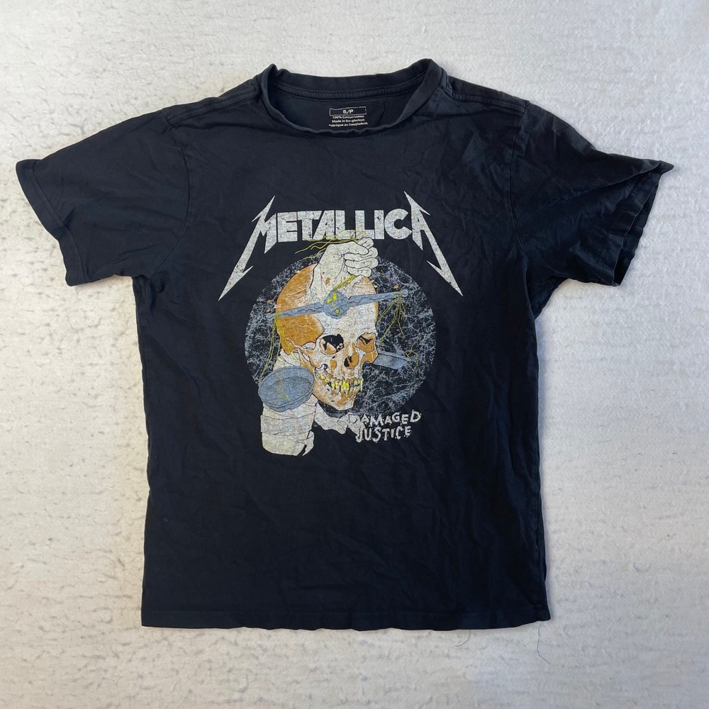 Metallica T-Shirt Men Small Black Damaged Justice Graphic Band Tee Short Sleeve